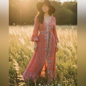 Red Floral Boho Maxi Dress NWOT